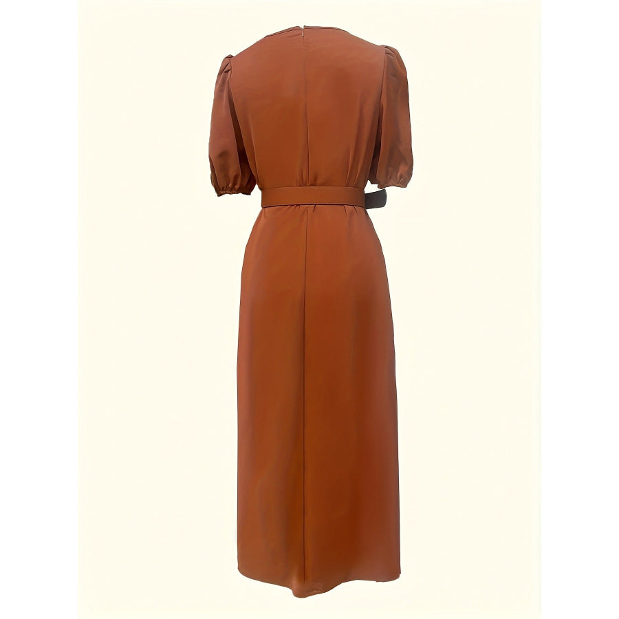 Belted Puff Sleeve Midi Dress Apparel and Accessories