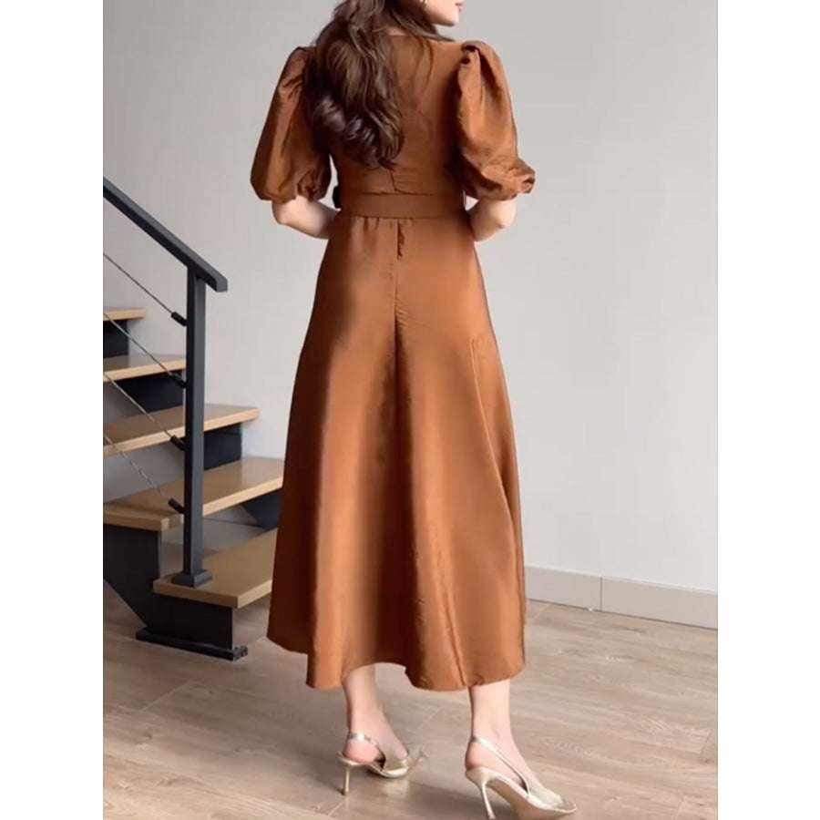 Belted Puff Sleeve Midi Dress Tan / S Apparel and Accessories