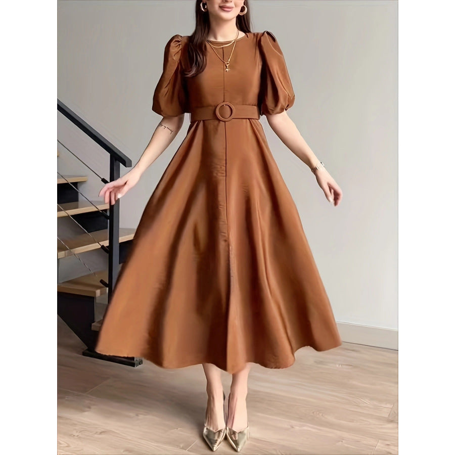 Belted Puff Sleeve Midi Dress Tan / S Apparel and Accessories