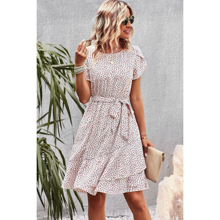 Belted Round Neck Petal Sleeve Mini Dress Blush Pink / S