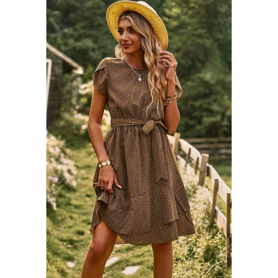 Belted Round Neck Petal Sleeve Mini Dress Coffee Brown / S