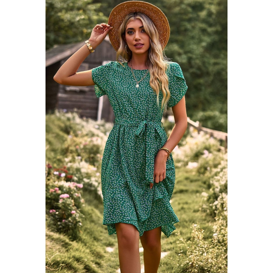 Belted Round Neck Petal Sleeve Mini Dress Mid Green / S