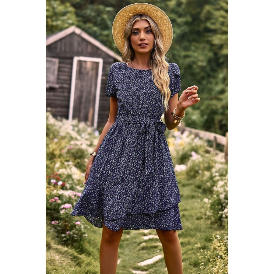 Belted Round Neck Petal Sleeve Mini Dress Navy / S