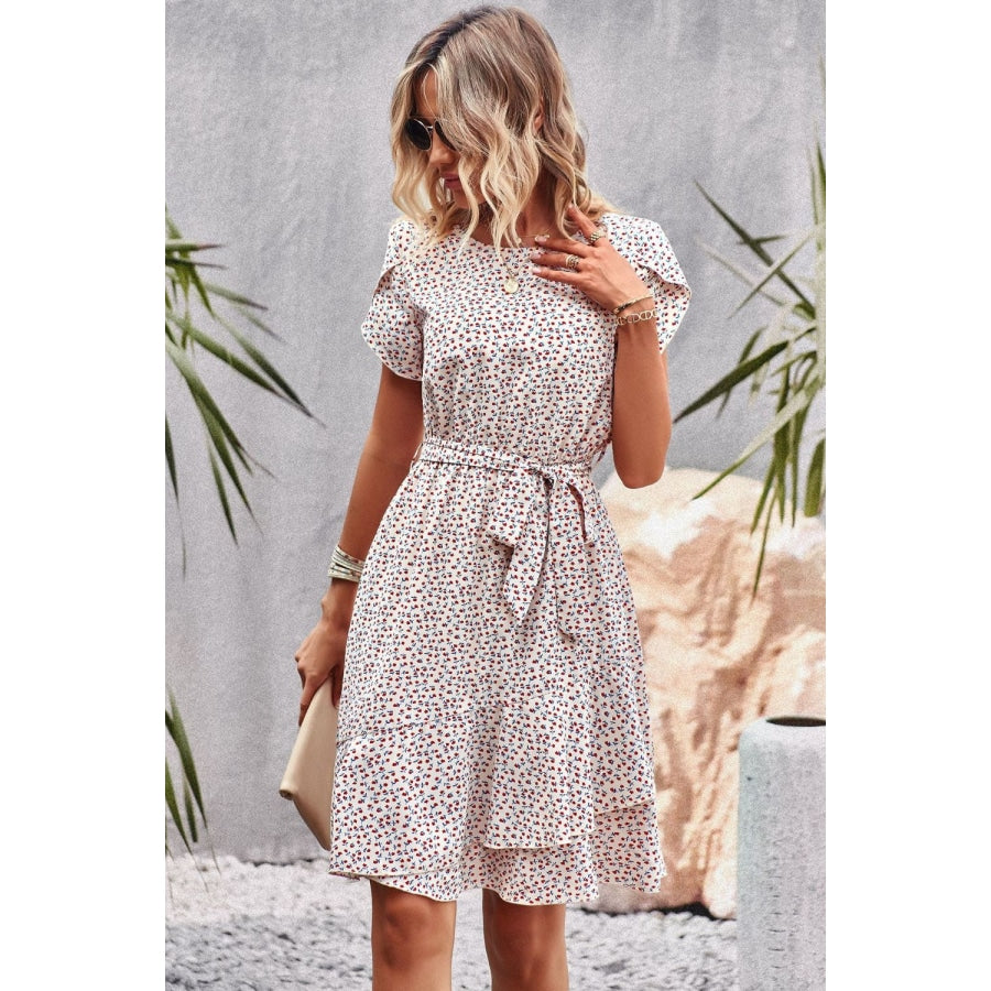 Belted Round Neck Petal Sleeve Mini Dress