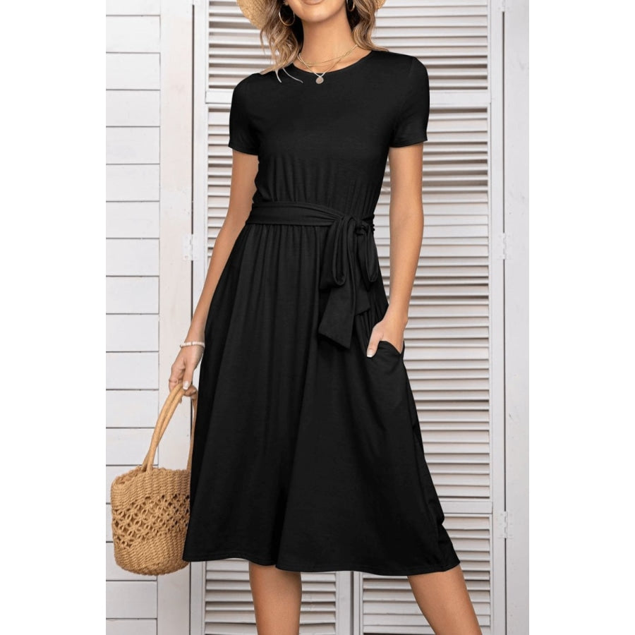 Belted Tee Dress With Pockets Black / S