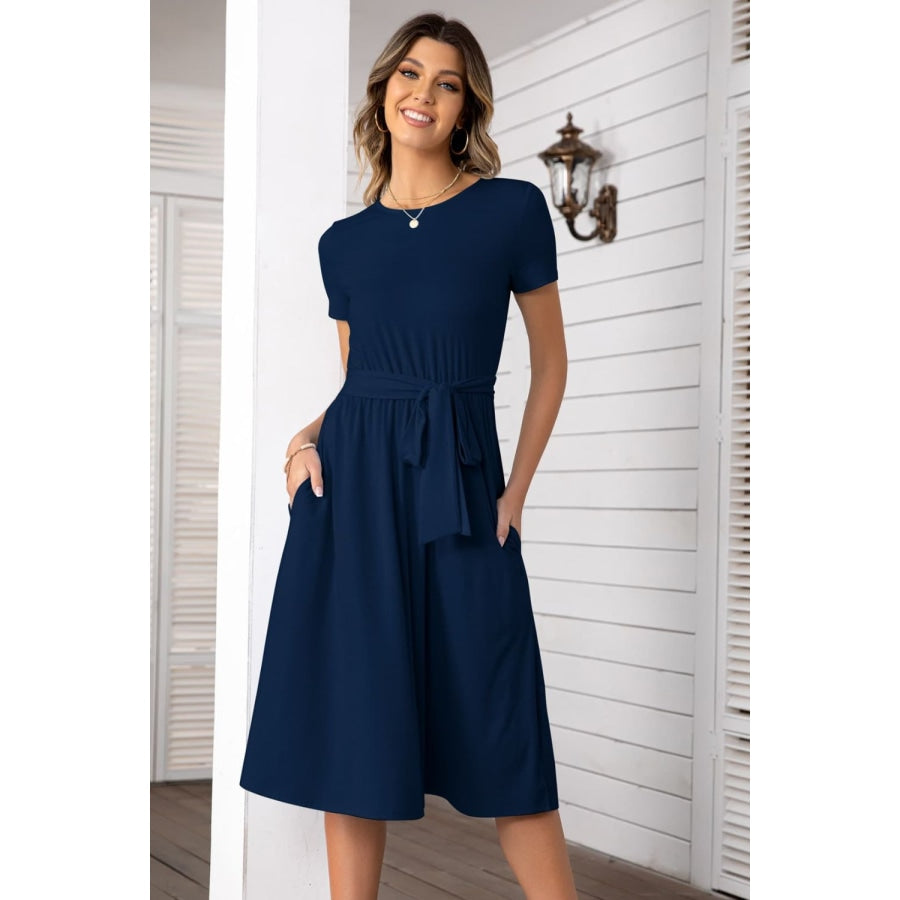 Belted Tee Dress With Pockets Dark Navy / M