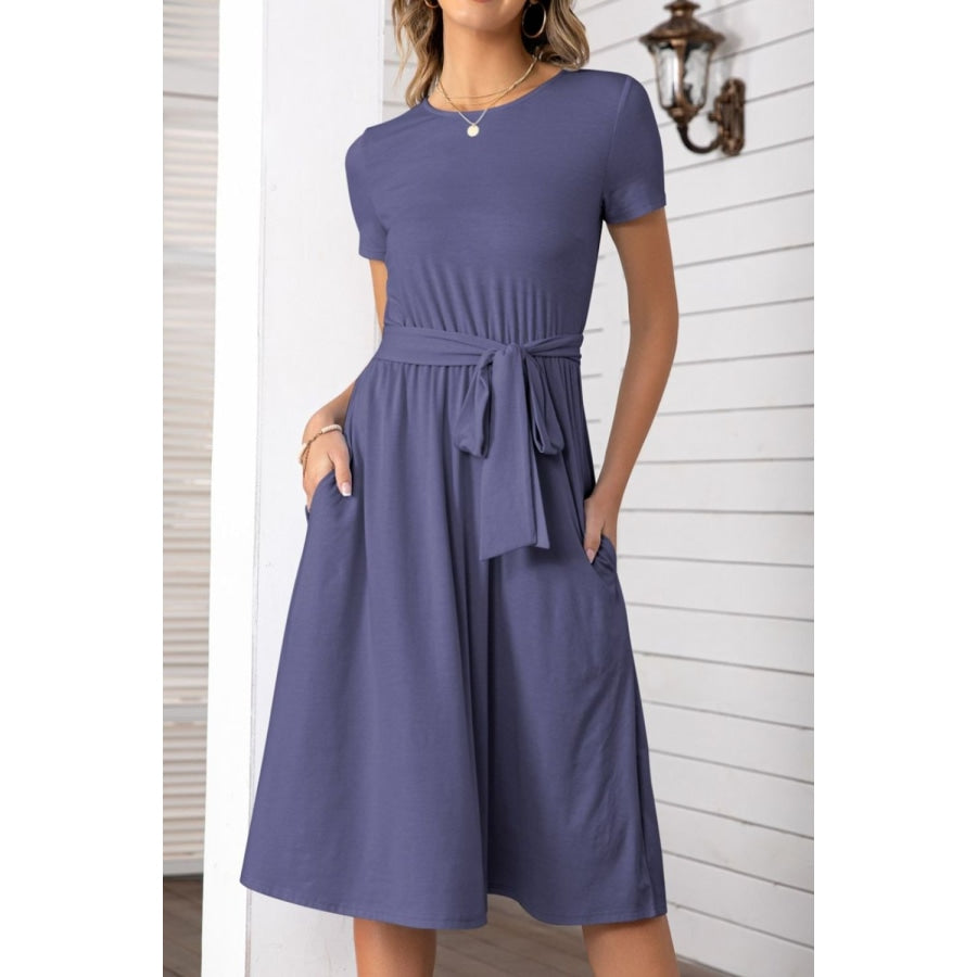 Belted Tee Dress With Pockets Dusty Blue / L