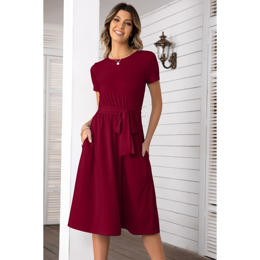 Belted Tee Dress With Pockets Wine / 2XL