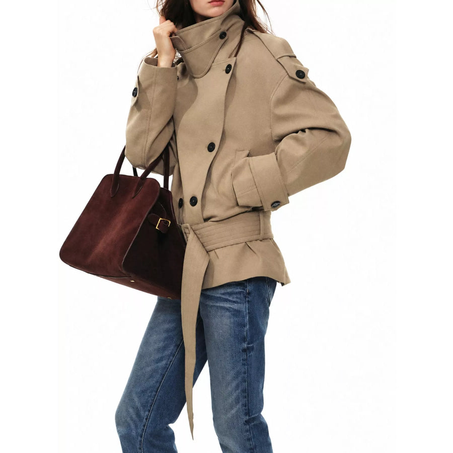 Belted Waist Button Up Trench Jacket Apparel and Accessories