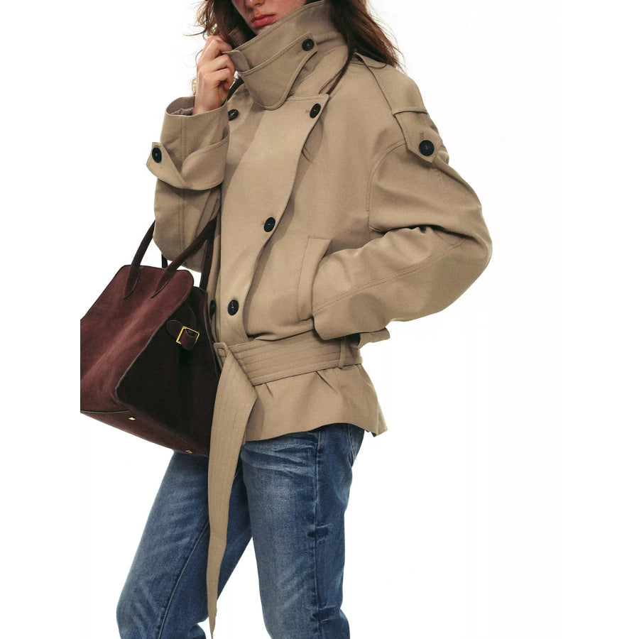 Belted Waist Button Up Trench Jacket Apparel and Accessories