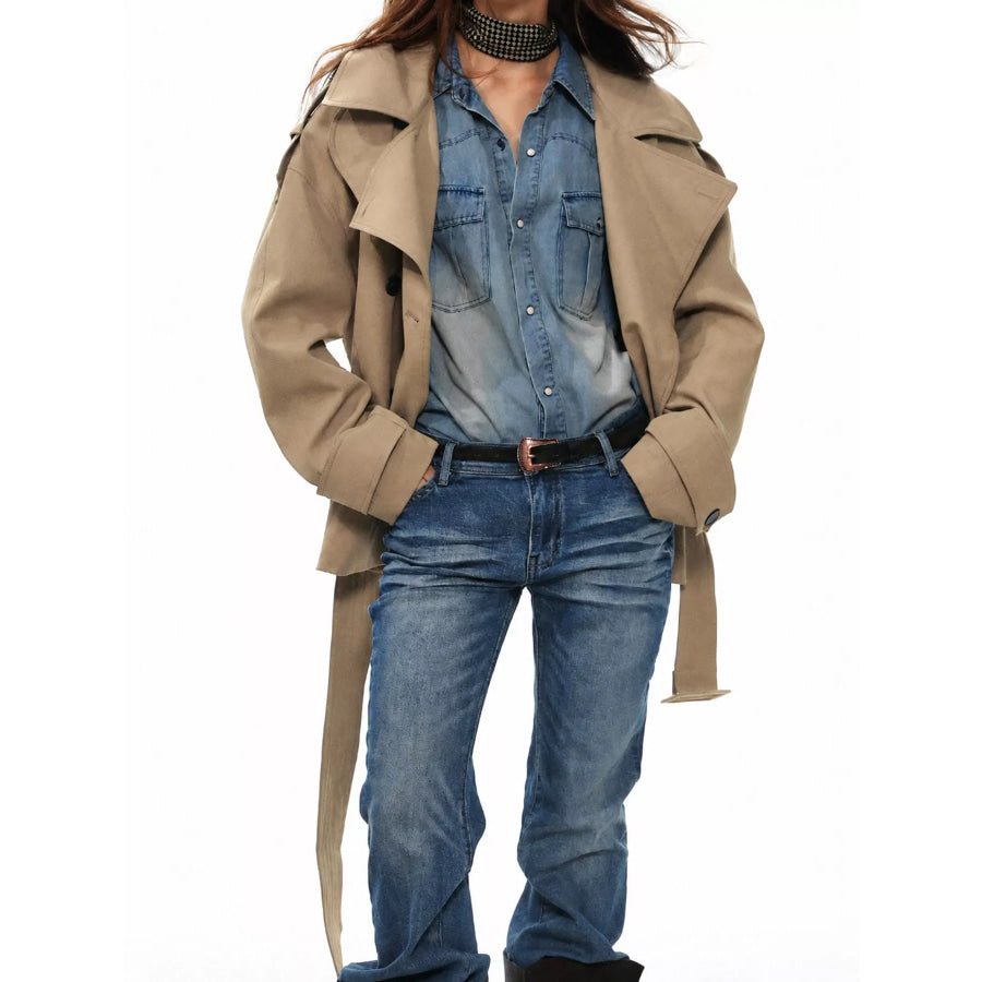 Belted Waist Button Up Trench Jacket Apparel and Accessories