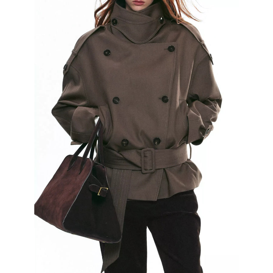 Belted Waist Button Up Trench Jacket Brown Gray / XS Apparel and Accessories
