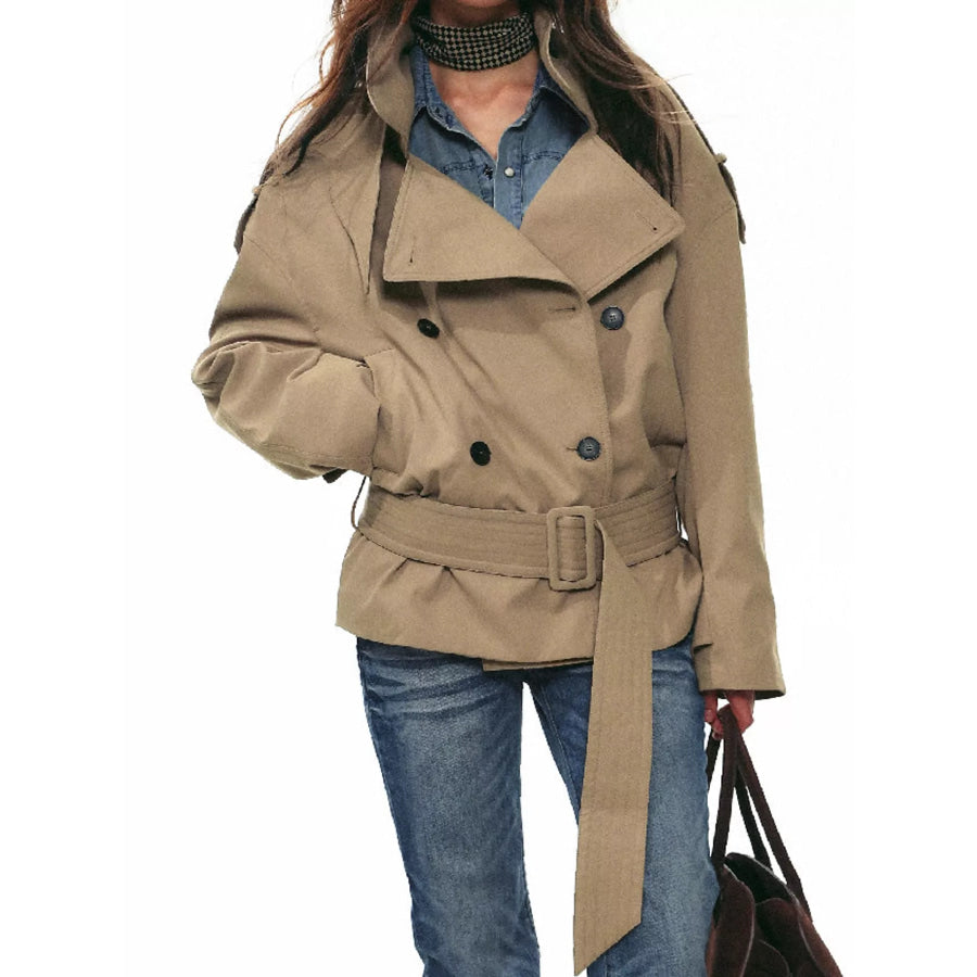 Belted Waist Button Up Trench Jacket Khaki / XS Apparel and Accessories