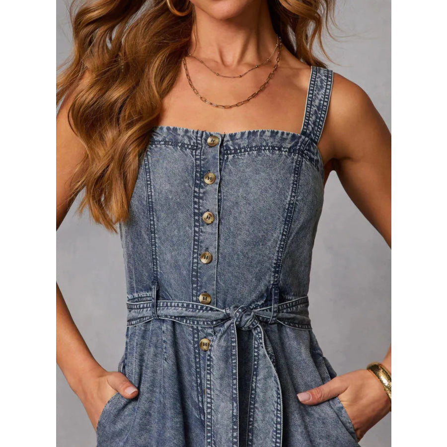 Belted Waist Wide Leg Denim Jumpsuit Apparel and Accessories