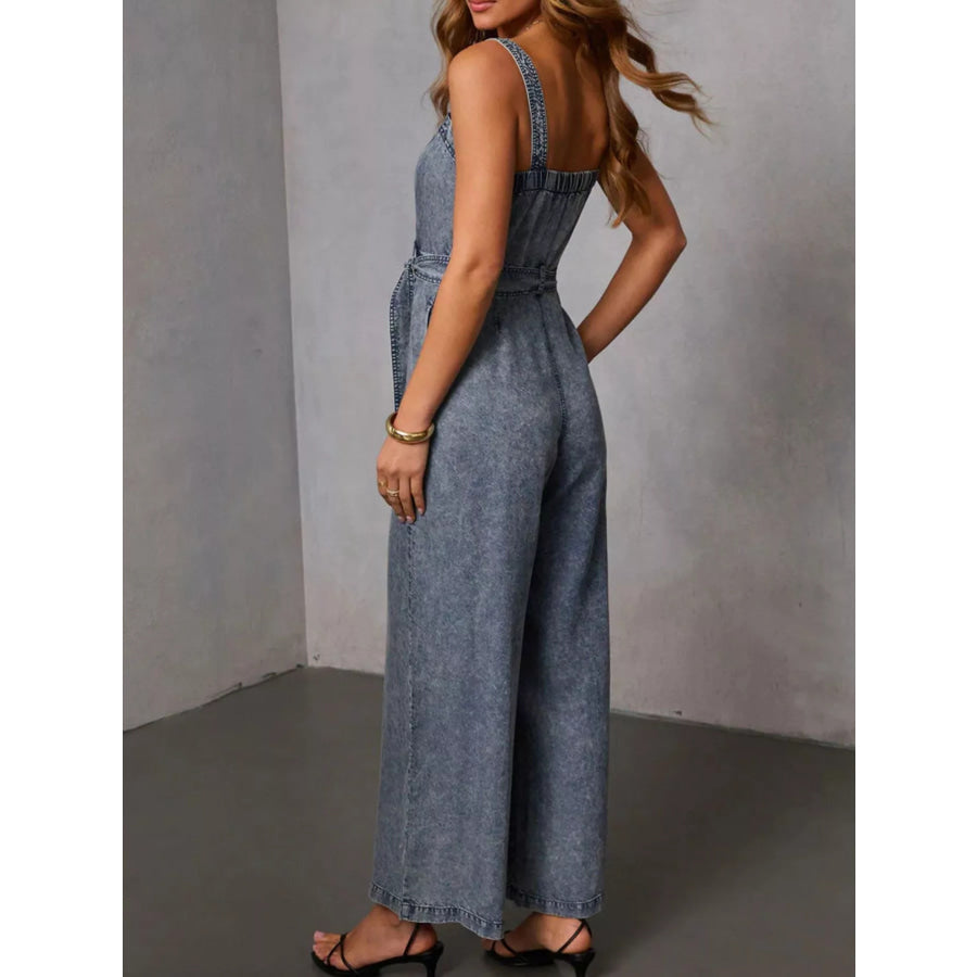 Belted Waist Wide Leg Denim Jumpsuit Apparel and Accessories