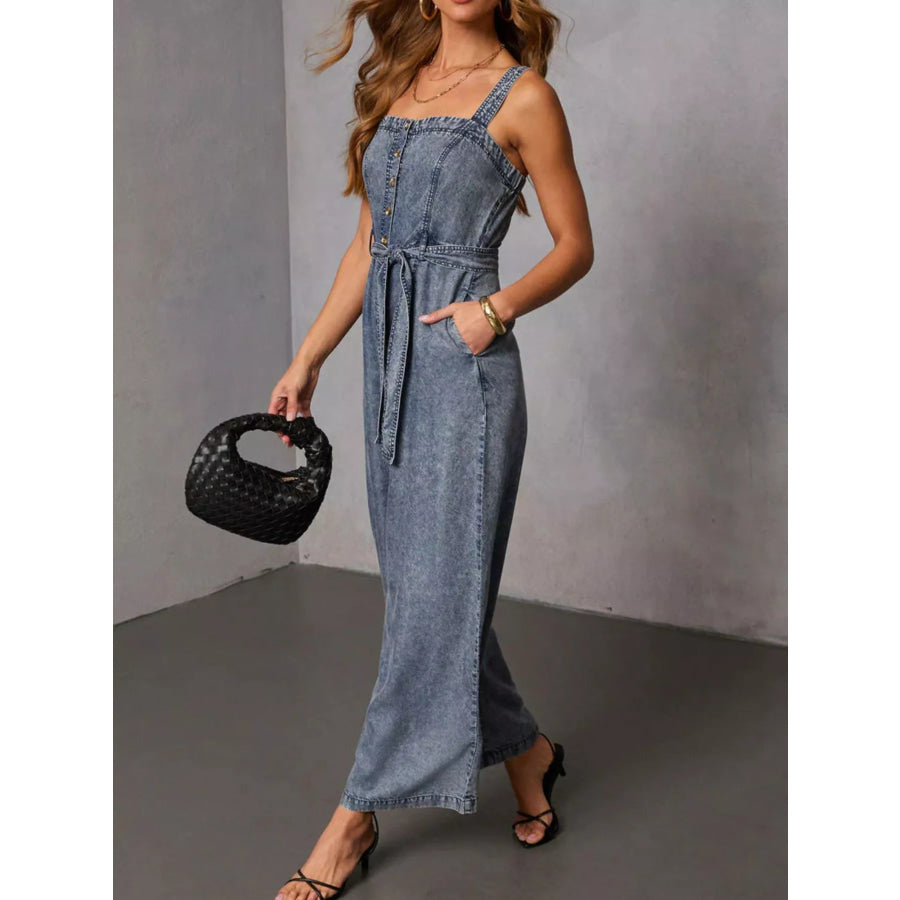 Belted Waist Wide Leg Denim Jumpsuit Apparel and Accessories