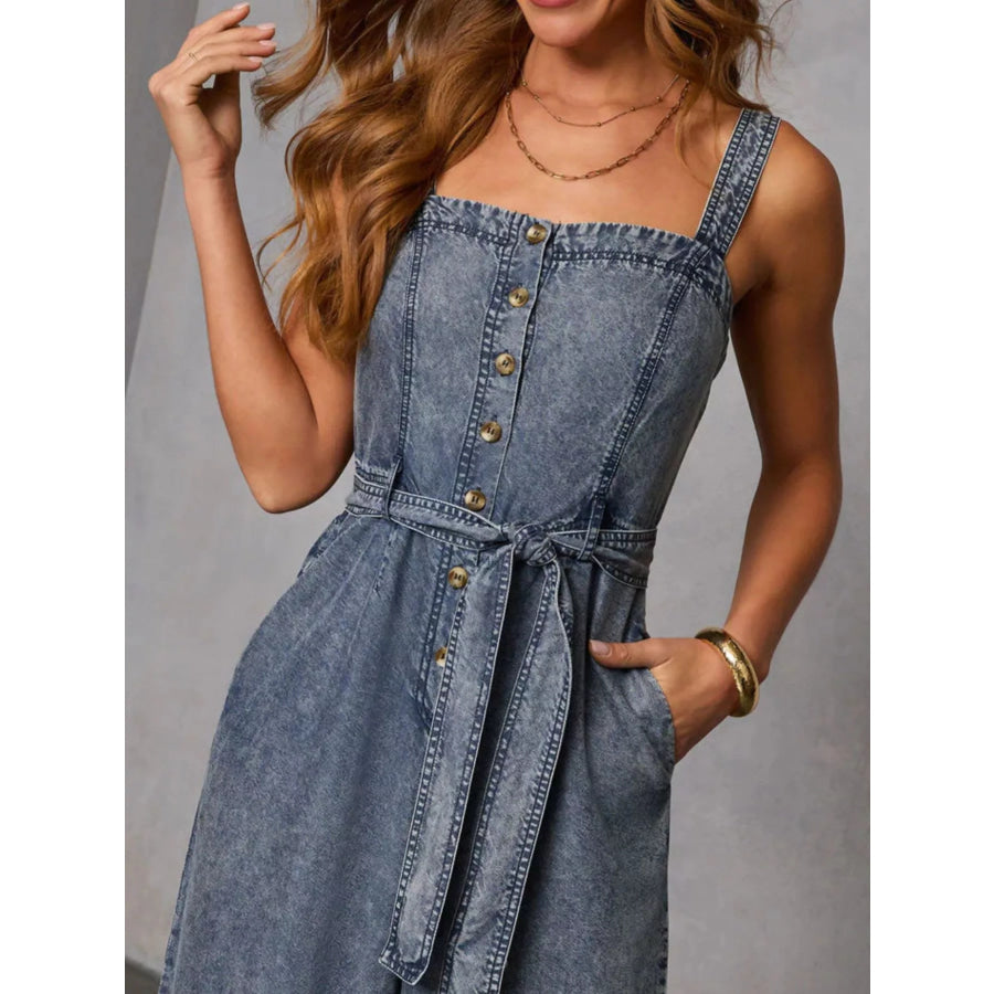 Belted Waist Wide Leg Denim Jumpsuit Apparel and Accessories