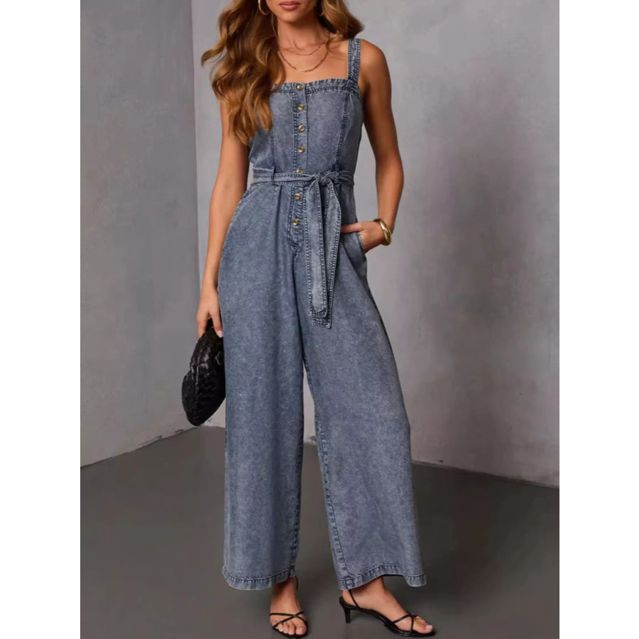 Belted Waist Wide Leg Denim Jumpsuit Dark Blue / S Apparel and Accessories