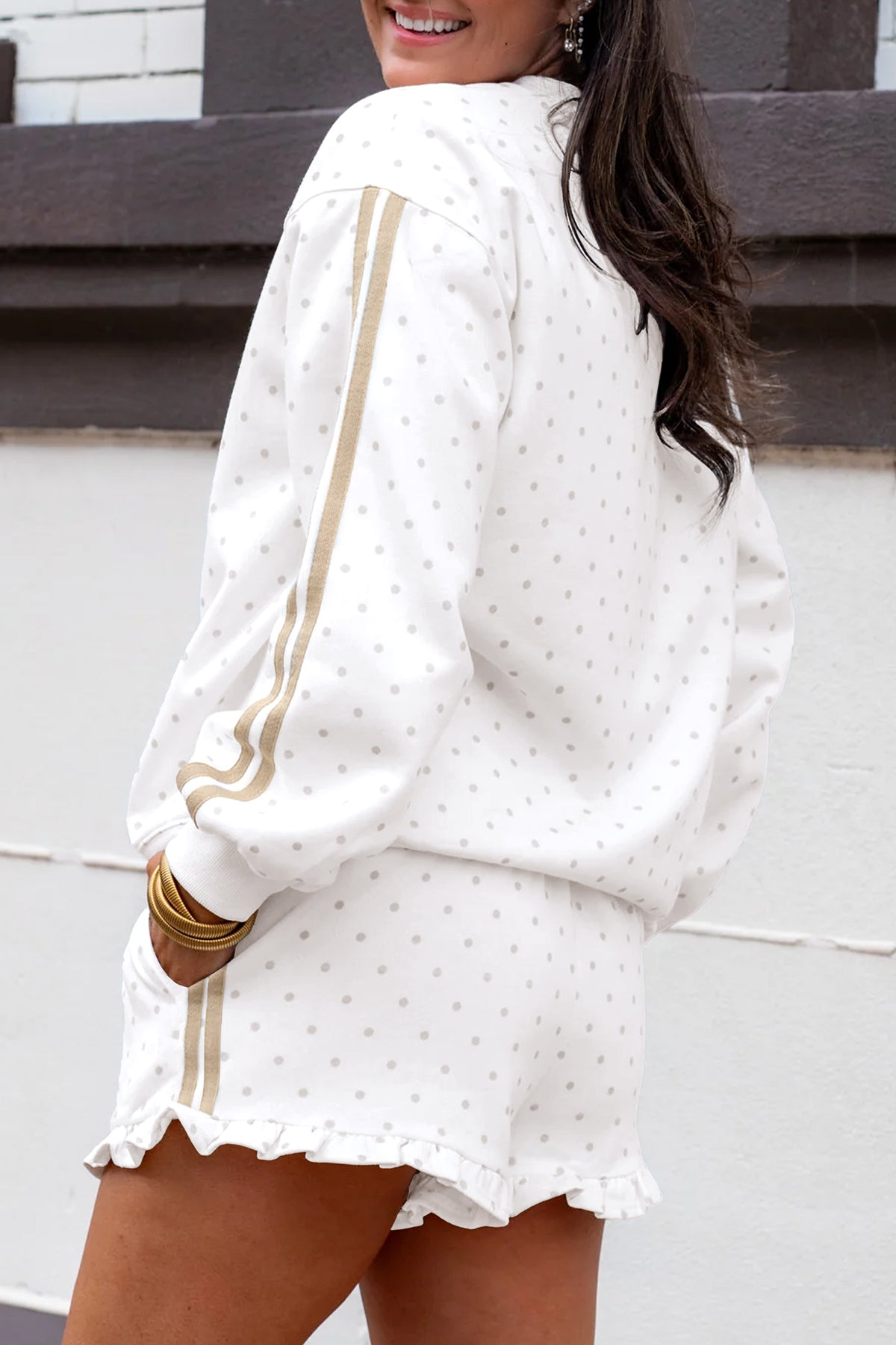 Brown Polka Dot Print Side Stripe Detail Casual Sweatshirt 2pcs Short Set
