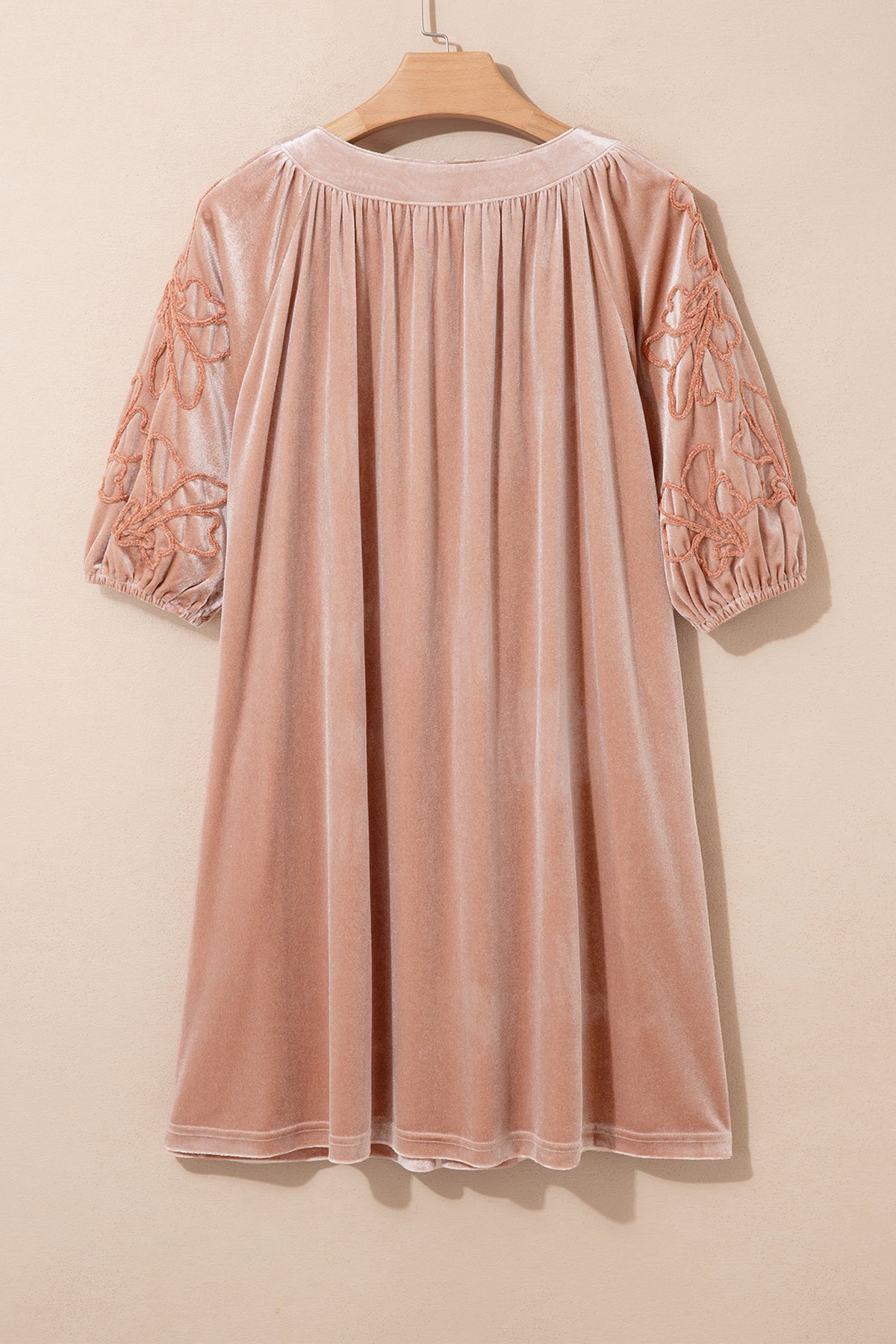 Light French Beige Embroidered Sleeve Velvet Mini Shift Dress
