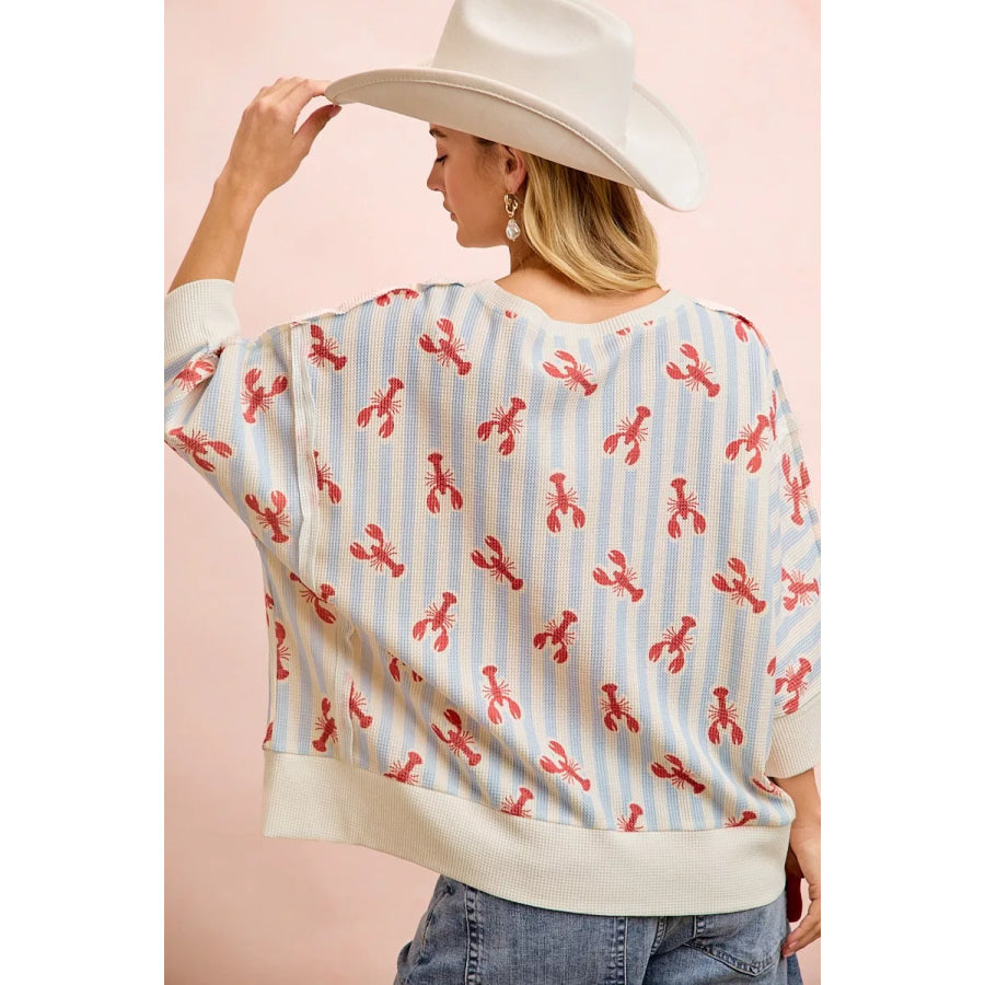 BiBi 4th Of July Lobsters Stripe Waffle Knit Sleeve Top Apparel and Accessories