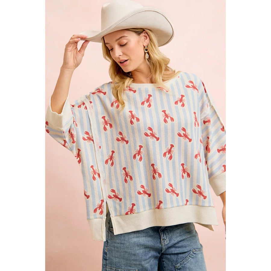 BiBi 4th Of July Lobsters Stripe Waffle Knit Sleeve Top Apparel and Accessories