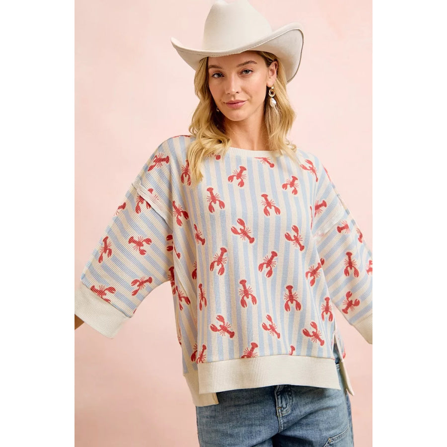 BiBi 4th Of July Lobsters Stripe Waffle Knit Sleeve Top Apparel and Accessories