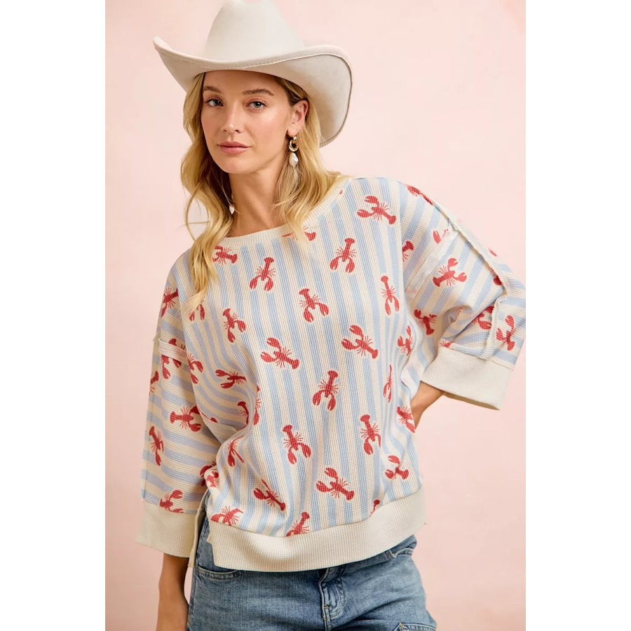 BiBi 4th Of July Lobsters Stripe Waffle Knit Sleeve Top Apparel and Accessories