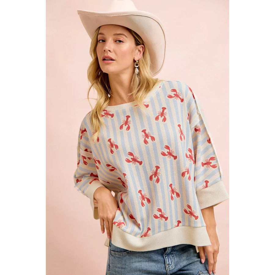 BiBi 4th Of July Lobsters Stripe Waffle Knit Sleeve Top Light Blue/Red / S Apparel and Accessories