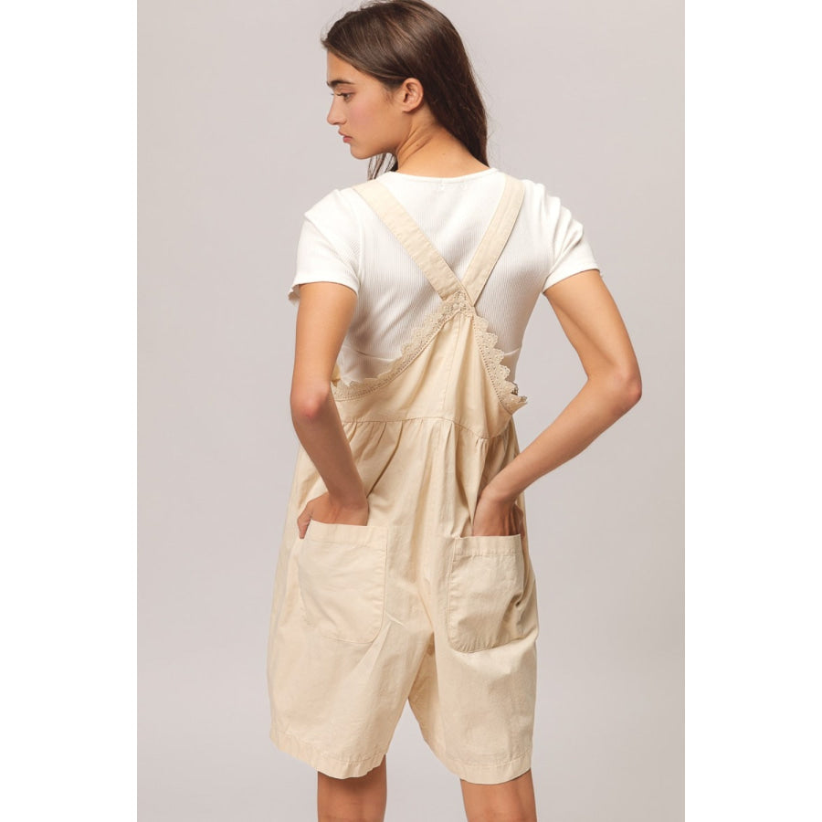 BiBi Back Patch Pocket Lace Trim Rompers Oatmeal / S Apparel and Accessories