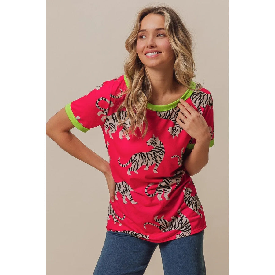 BiBi Big Tiger Print Jersey Contrast Ringer Top Apparel and Accessories