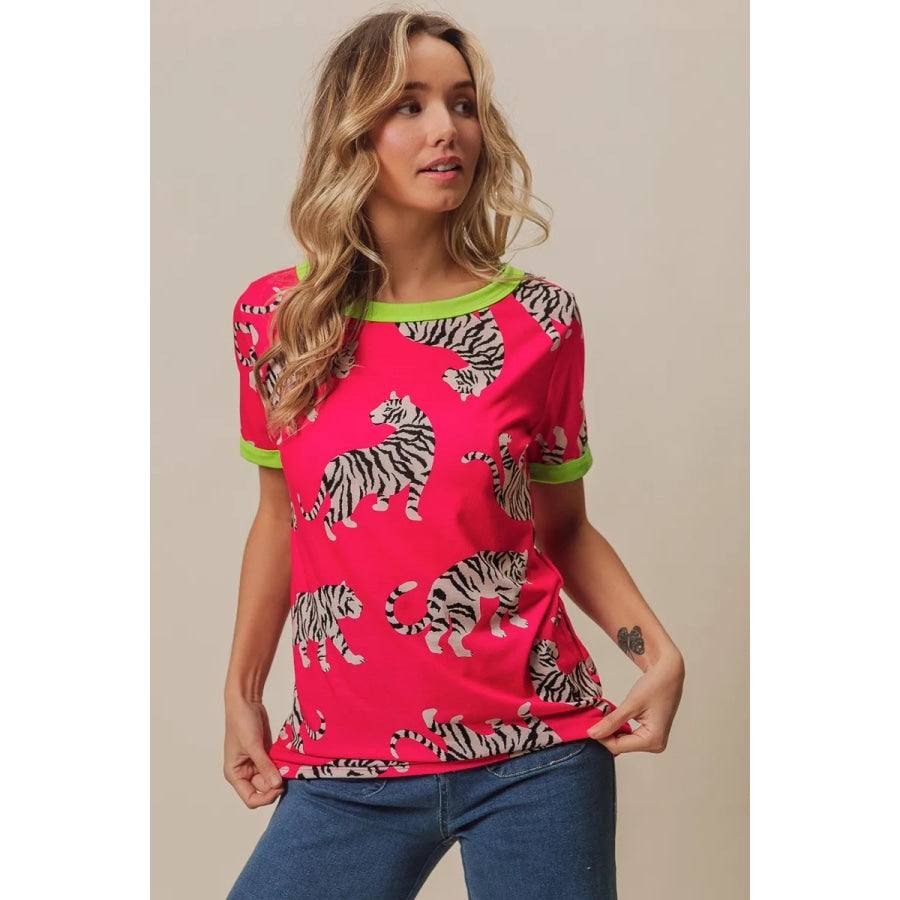 BiBi Big Tiger Print Jersey Contrast Ringer Top Apparel and Accessories