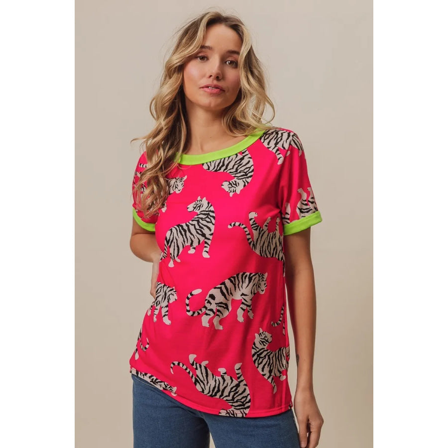 BiBi Big Tiger Print Jersey Contrast Ringer Top Apparel and Accessories