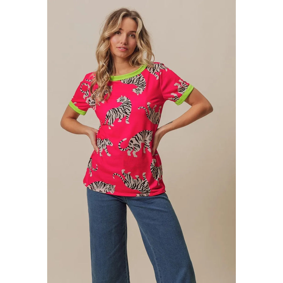 BiBi Big Tiger Print Jersey Contrast Ringer Top Apparel and Accessories