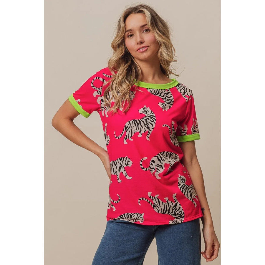 BiBi Big Tiger Print Jersey Contrast Ringer Top Apparel and Accessories