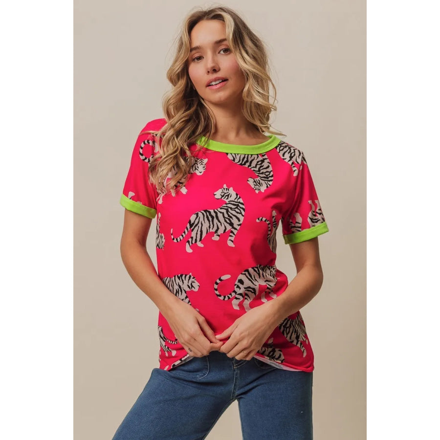 BiBi Big Tiger Print Jersey Contrast Ringer Top Apparel and Accessories