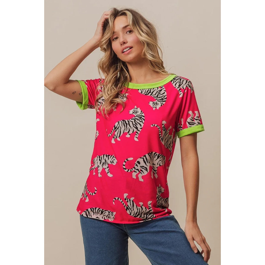BiBi Big Tiger Print Jersey Contrast Ringer Top Apparel and Accessories