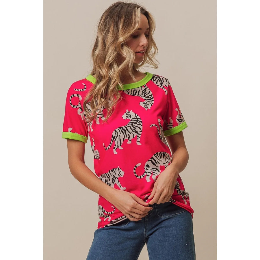 BiBi Big Tiger Print Jersey Contrast Ringer Top Apparel and Accessories