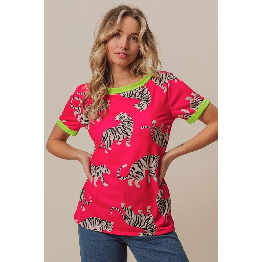 BiBi Big Tiger Print Jersey Contrast Ringer Top Apparel and Accessories