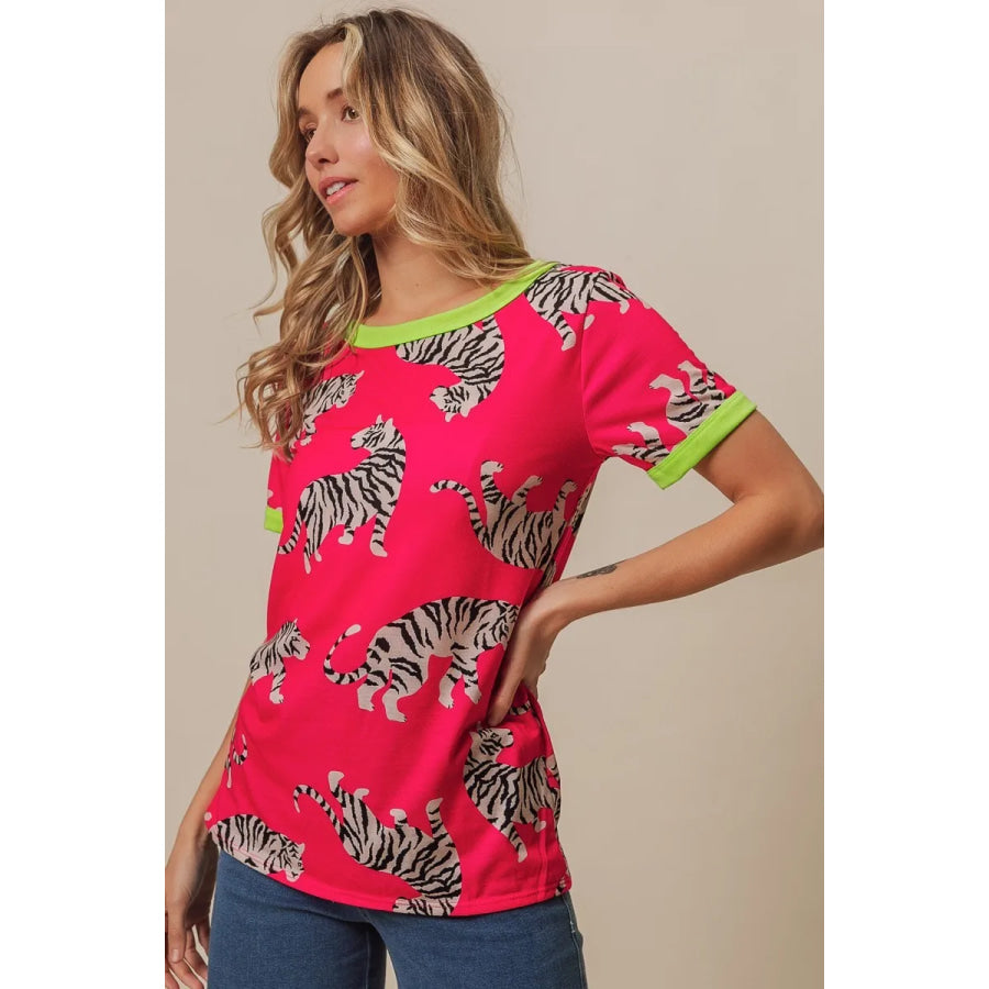 BiBi Big Tiger Print Jersey Contrast Ringer Top Apparel and Accessories