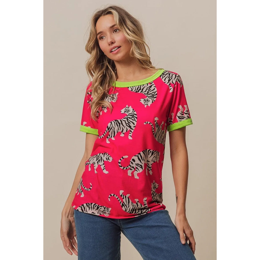 BiBi Big Tiger Print Jersey Contrast Ringer Top Apparel and Accessories