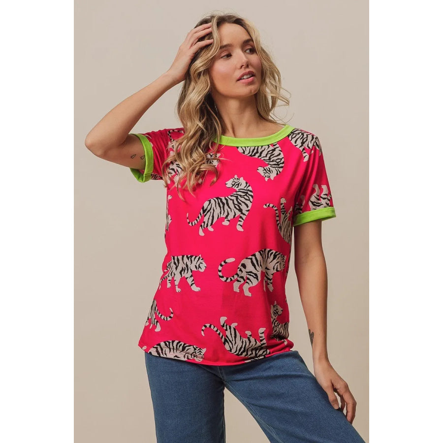 BiBi Big Tiger Print Jersey Contrast Ringer Top FUCHSIA/N.GREEN / S Apparel and Accessories