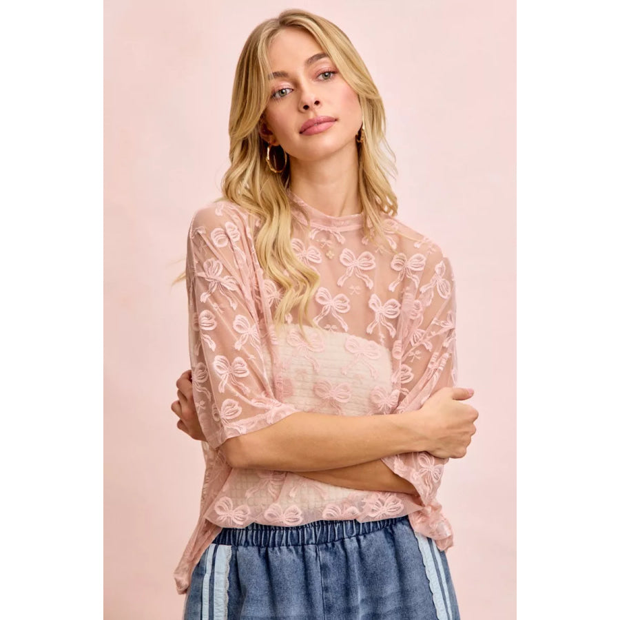 BiBi Bow Pattern Short Sleeves Boxy Mesh Top Apparel and Accessories