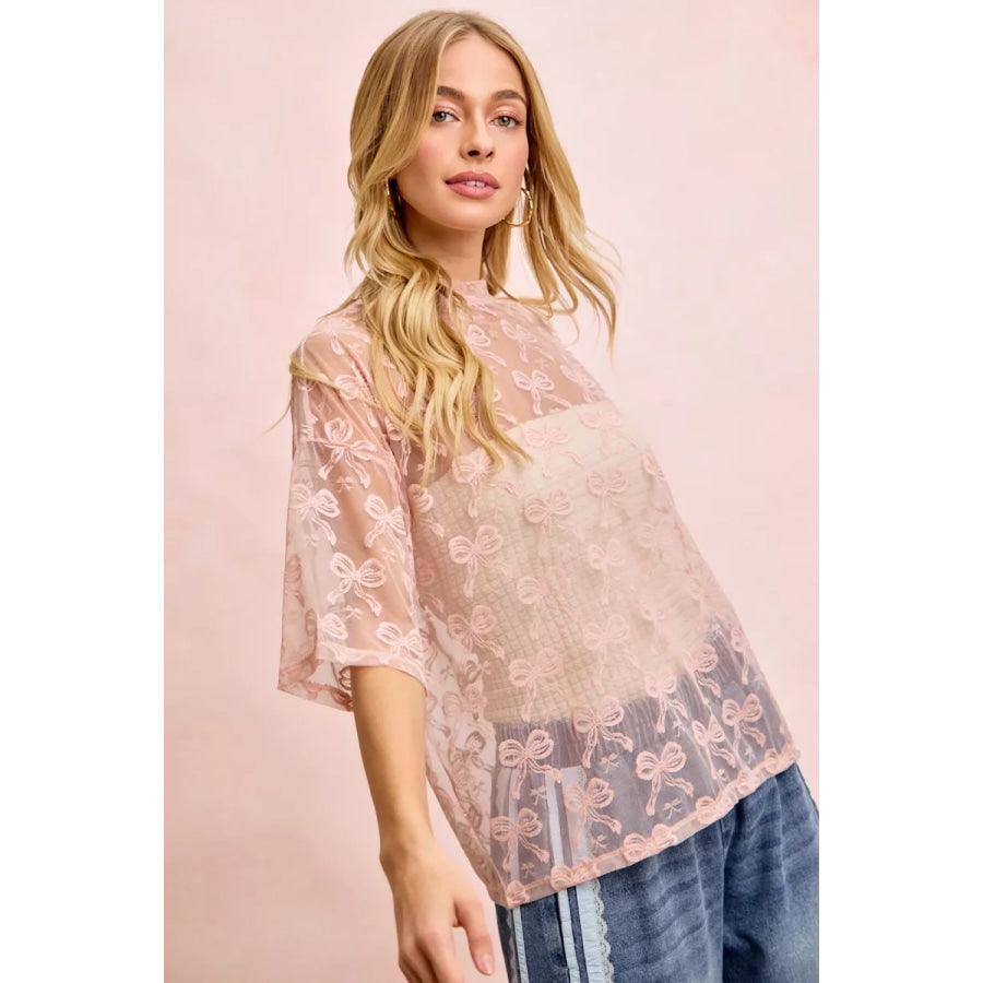 BiBi Bow Pattern Short Sleeves Boxy Mesh Top Apparel and Accessories