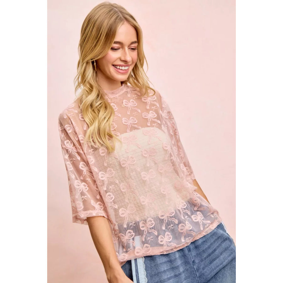 BiBi Bow Pattern Short Sleeves Boxy Mesh Top Apparel and Accessories