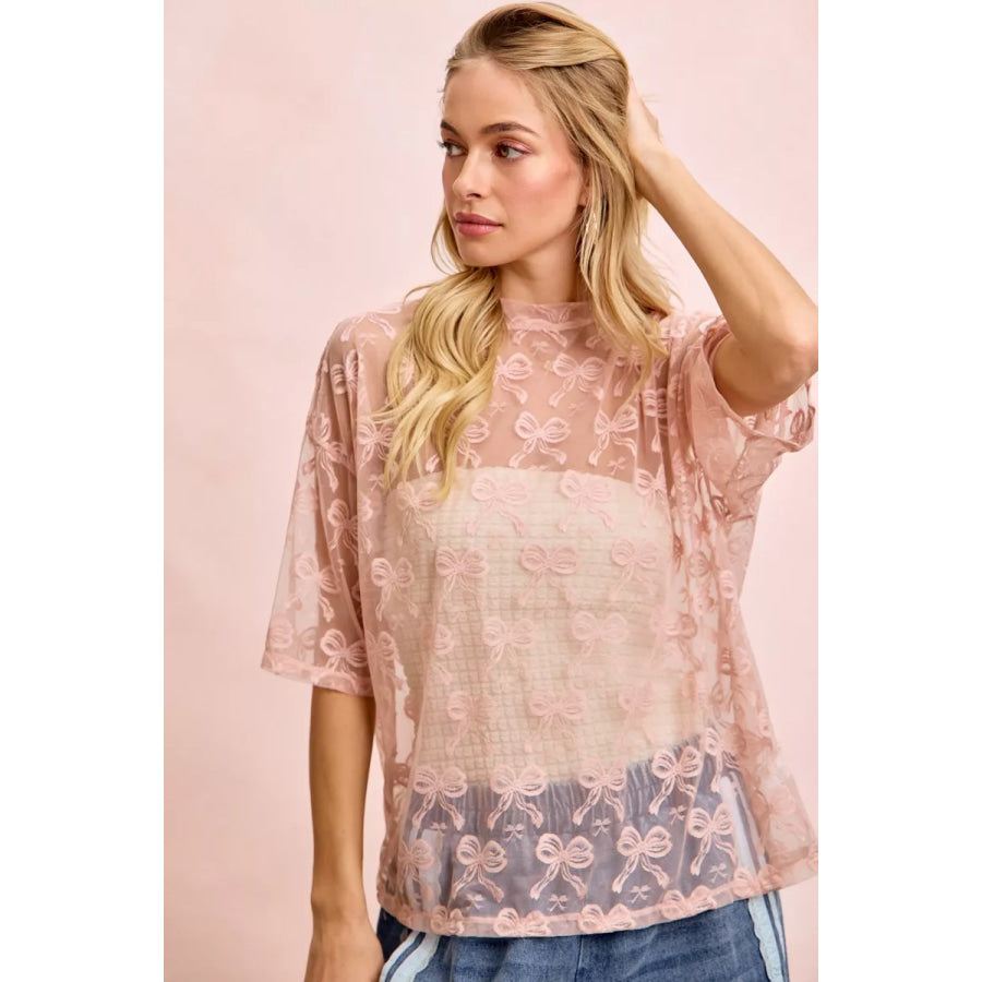 BiBi Bow Pattern Short Sleeves Boxy Mesh Top Apparel and Accessories