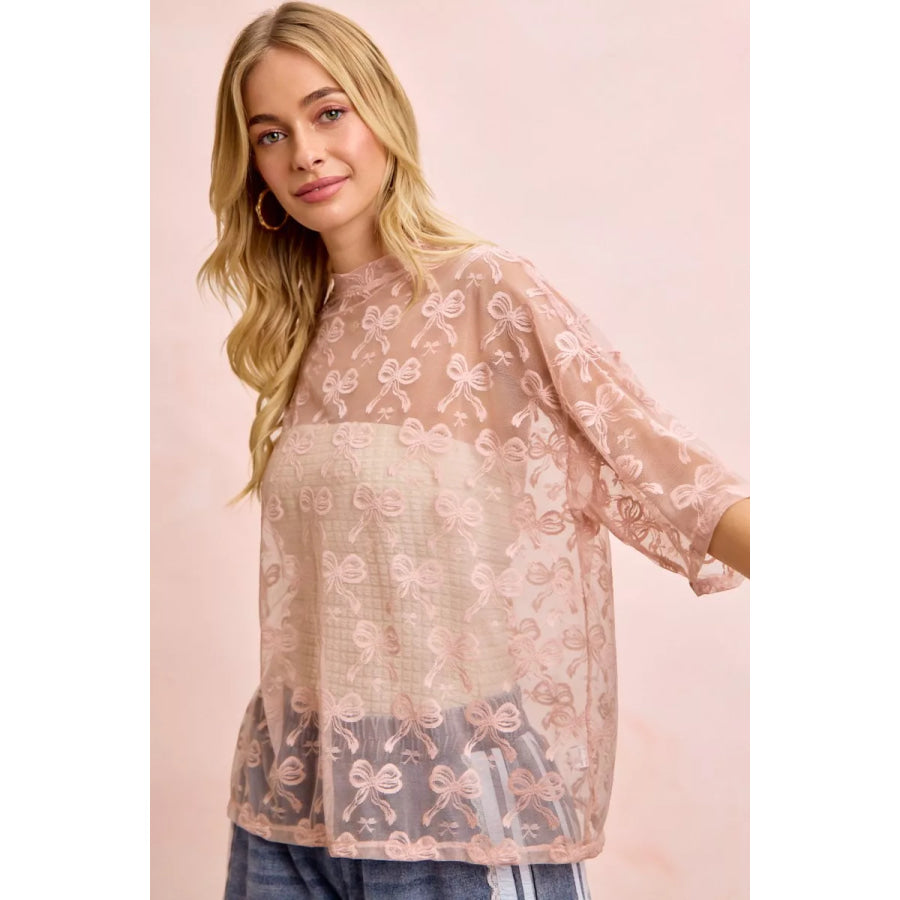 BiBi Bow Pattern Short Sleeves Boxy Mesh Top Apparel and Accessories