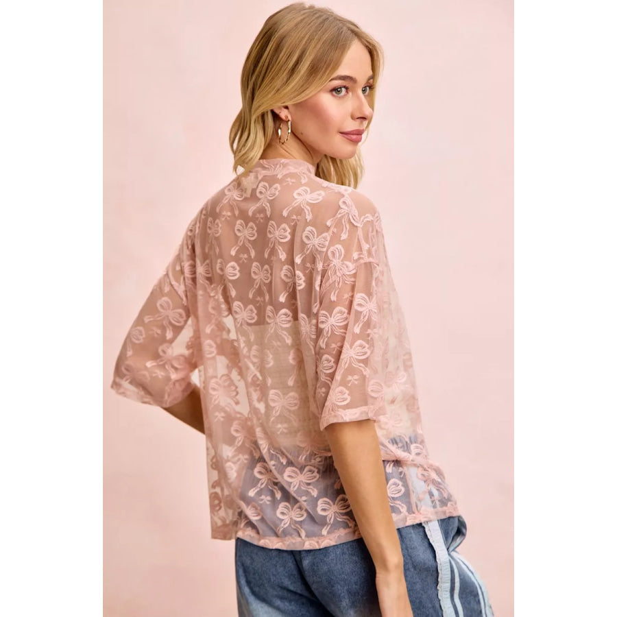 BiBi Bow Pattern Short Sleeves Boxy Mesh Top Apparel and Accessories