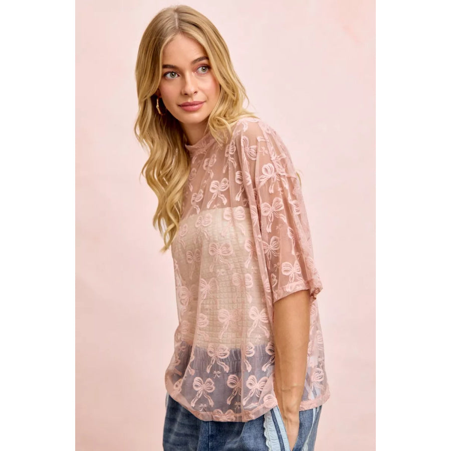 BiBi Bow Pattern Short Sleeves Boxy Mesh Top Apparel and Accessories