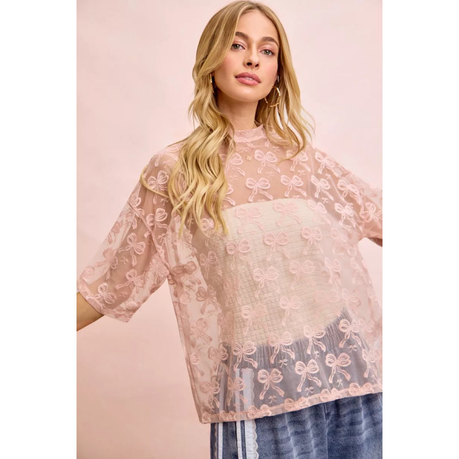 BiBi Bow Pattern Short Sleeves Boxy Mesh Top Apparel and Accessories